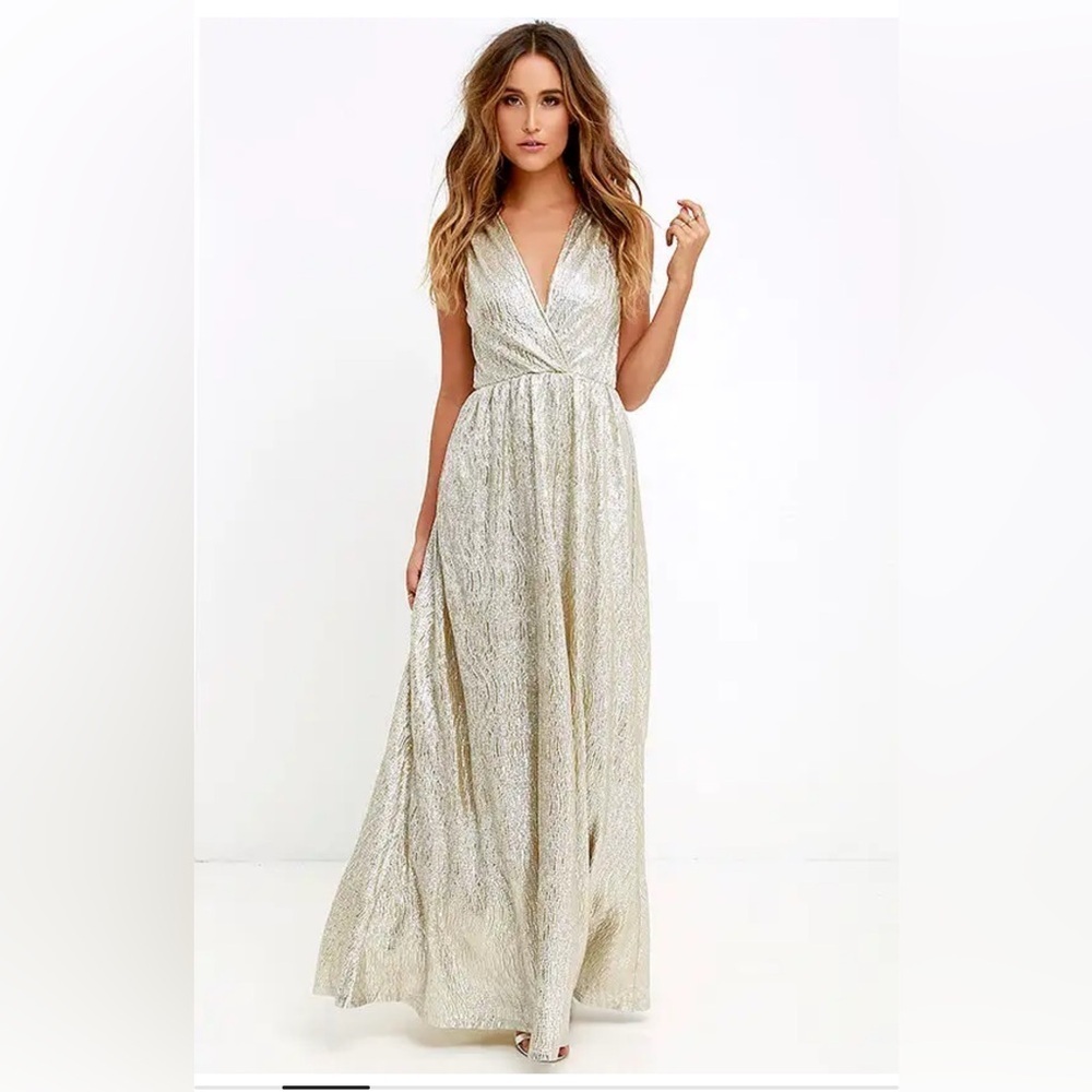 Lulus All That Shimmers Is Gold Light Gold Maxi Dress Size Large